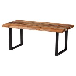 bali & pari Apio Wood Epoxy Resin Coffee Table with Glass Inlay - Rectangular Live Edge Teak wood Accent Table with Black Metal Base, Modern Rustic Centerpiece